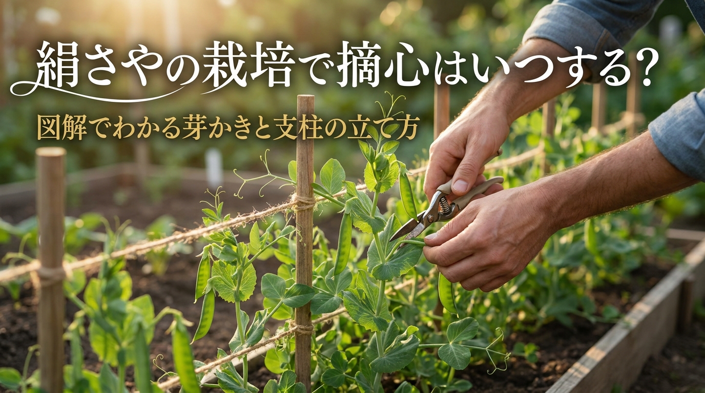 絹さやの栽培で摘心はいつする？図解でわかる芽かきと支柱の立て方